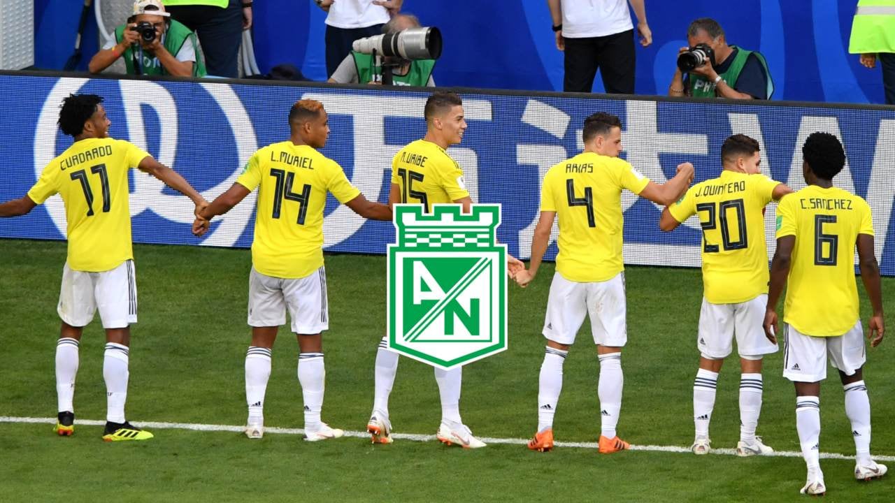 Jugadores de la Selección Colombia celebran en Rusia 2018.