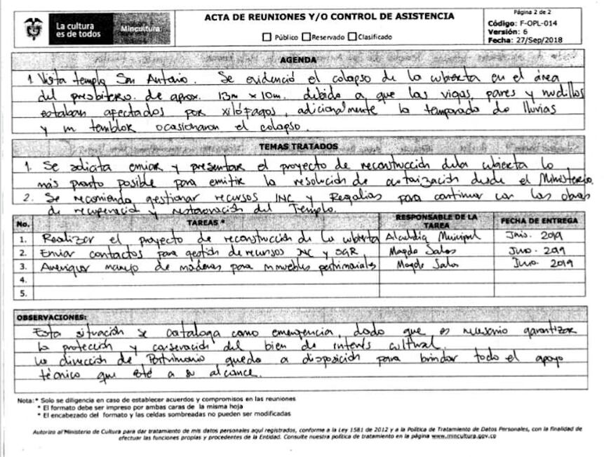 En este documento, la funcionaria del ministerio de Cultura cataloga el estado actual de la parroquia de San Antonio de Padua, en Gigante Huila, como "De emergencia".