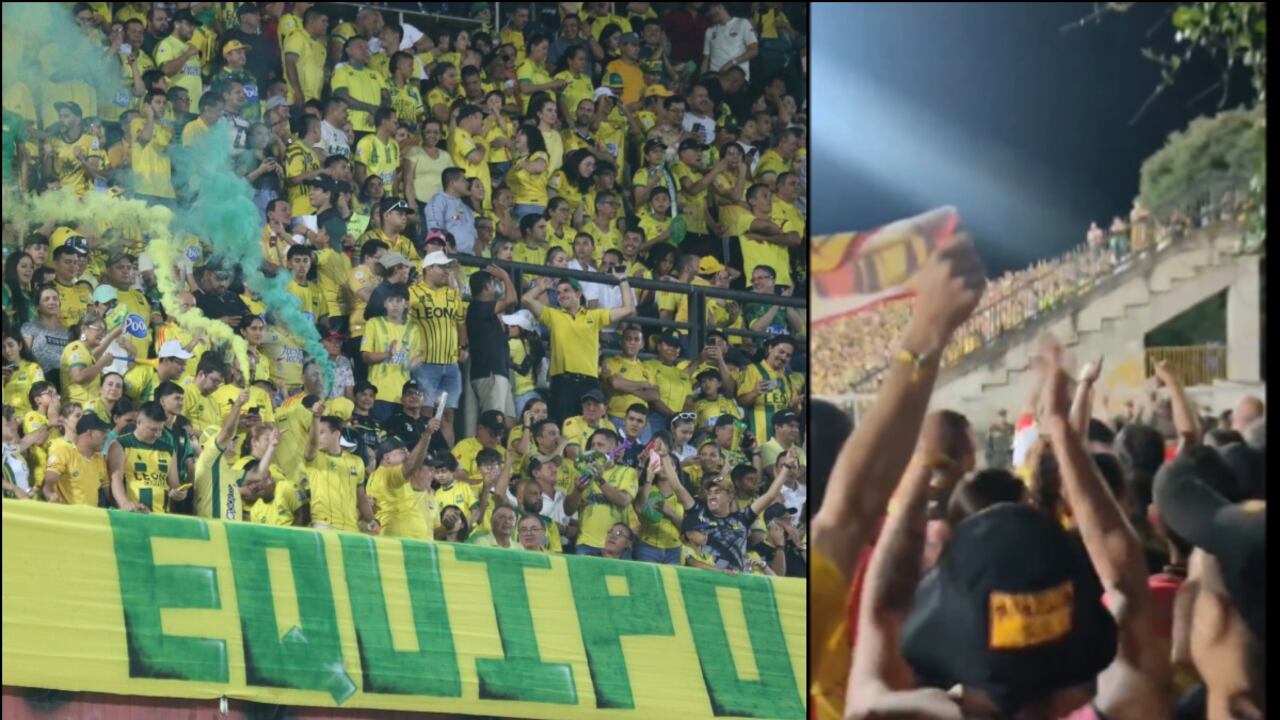 Hinchas del Pereira aplauden a los de Atlético Bucaramanga.