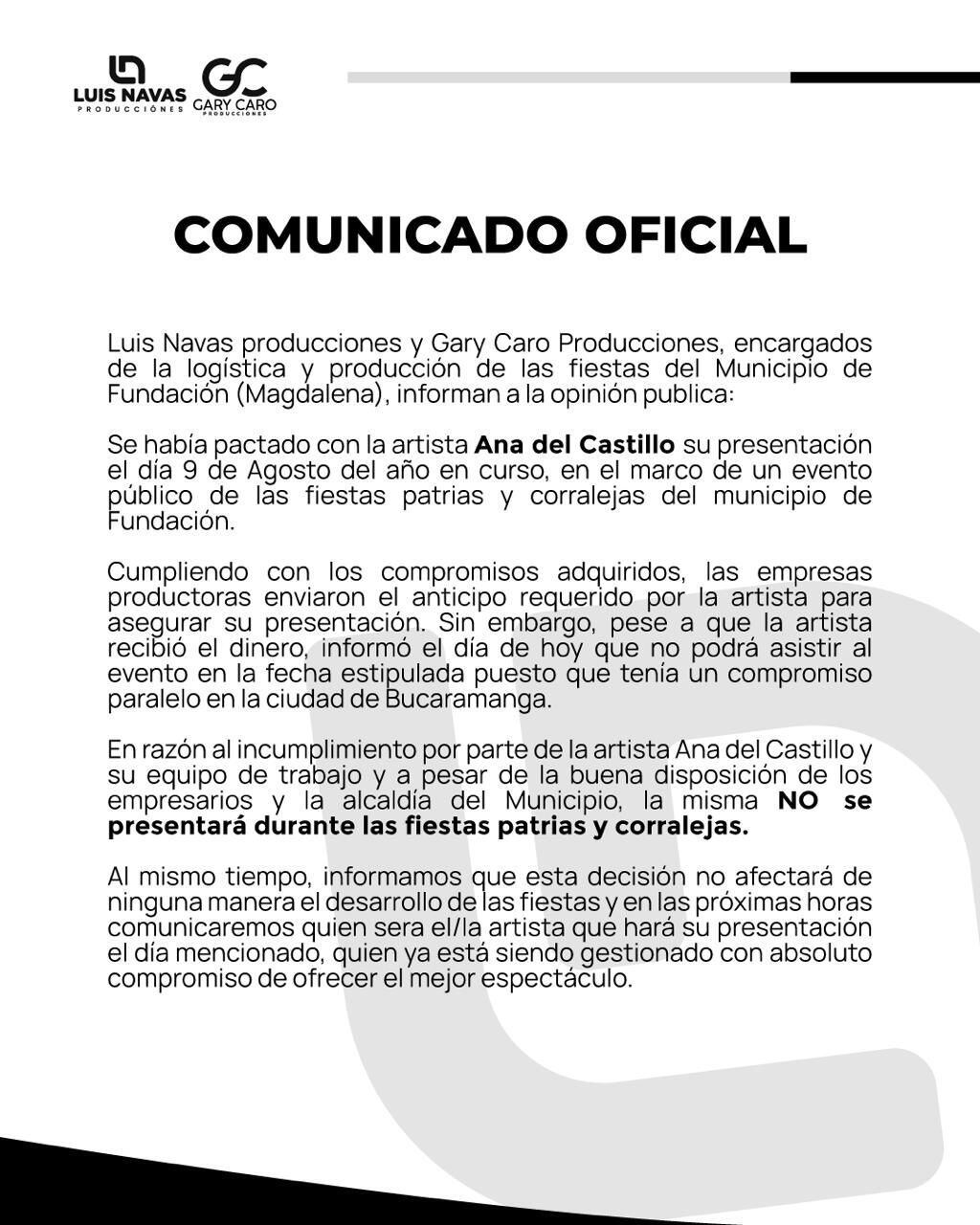 Comunicado cancelación presentación de Ana del Castillo