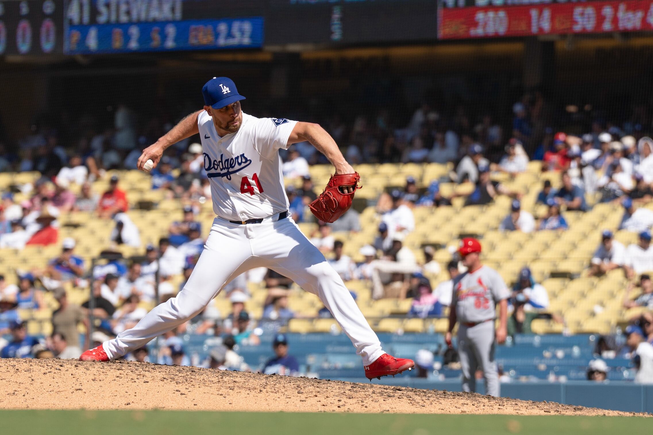 LOS ANGELES, CA - AUGUST 06: Brock Stewart #41 of the Los Angeles Dodgers pitches during the game between the St. Louis Cardinals and the Los Angeles Dodgers at Dodger Stadium on Wednesday, August 6, 2025 in Los Angeles, California. (Photo by Kait Devir/MLB Photos via Getty Images)
