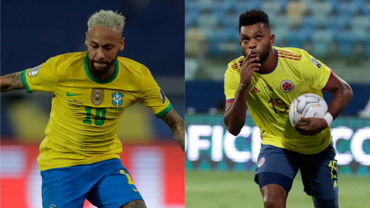 Neymar (Brasil) y Miguel Ángel Borja (Colombia) - Copa América. Foto: AP/Silvia Izquierdo/Eraldo Peres