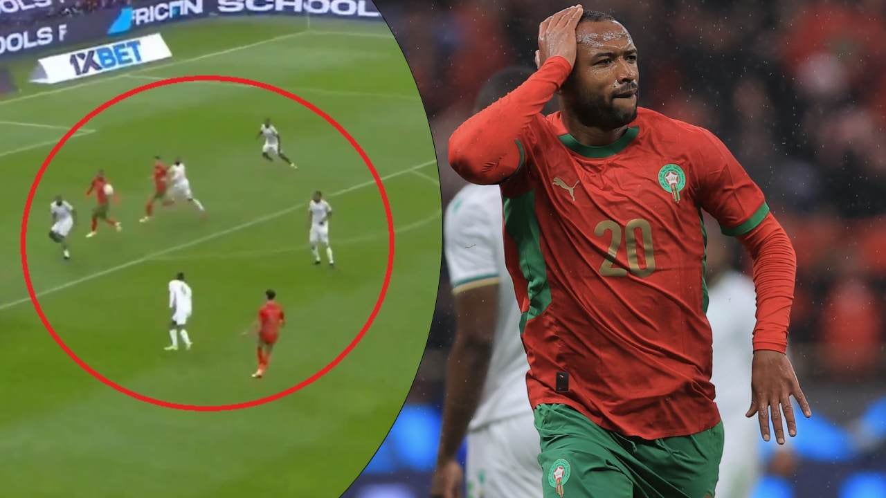 Momento exacto de la definición / El Kaabi celebra la locura de gol que hizo.