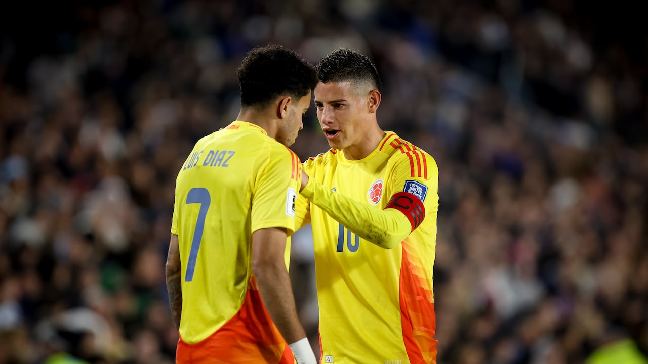 BUENOS AIRES, ARGENTINA - 2025/06/10: Luis Diaz (L) and James Rodriguez (R) of Colombia seen in action during the match between Argentina and Colombia as part of 2026 FIFA World Cup Qualifiers at Mas Monumental Stadium. Final score: Argentina 1 - 1 Colombia. (Photo by Roberto Tuero/SOPA Images/LightRocket via Getty Images)