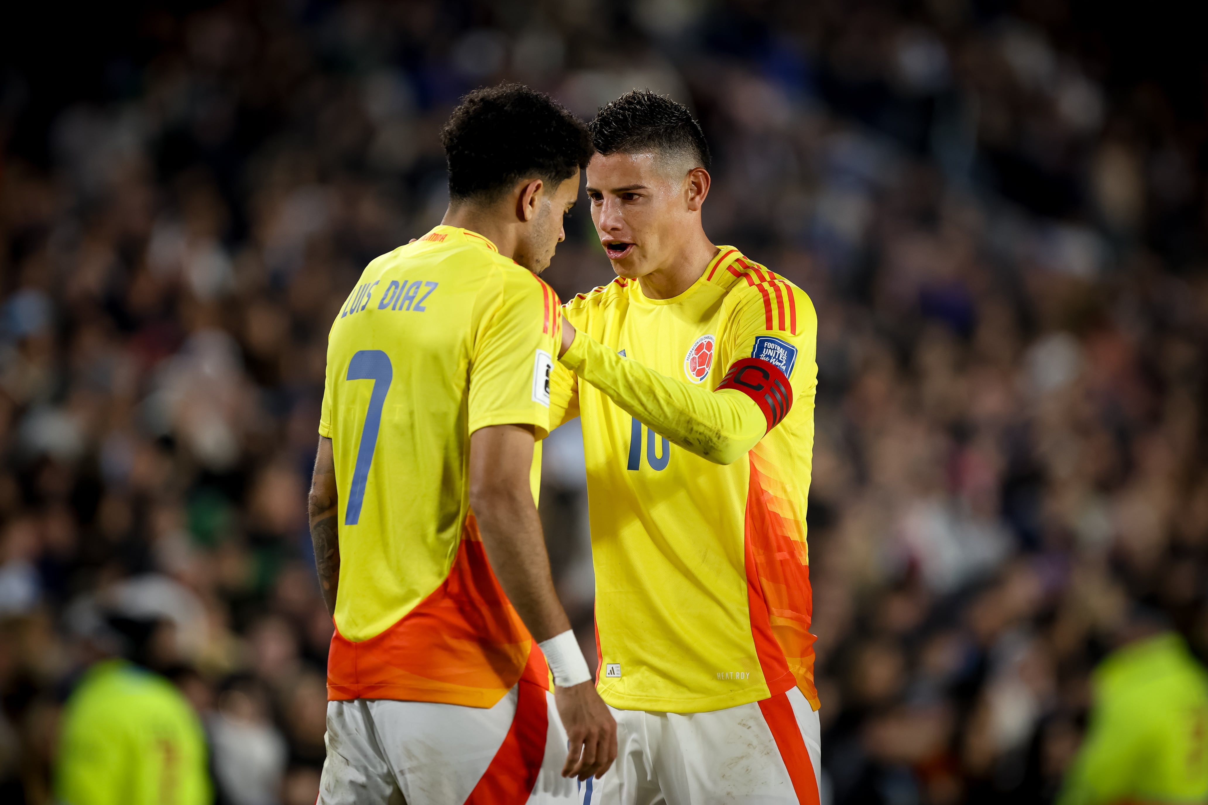 BUENOS AIRES, ARGENTINA - 2025/06/10: Luis Diaz (L) and James Rodriguez (R) of Colombia seen in action during the match between Argentina and Colombia as part of 2026 FIFA World Cup Qualifiers at Mas Monumental Stadium. Final score: Argentina 1 - 1 Colombia. (Photo by Roberto Tuero/SOPA Images/LightRocket via Getty Images)