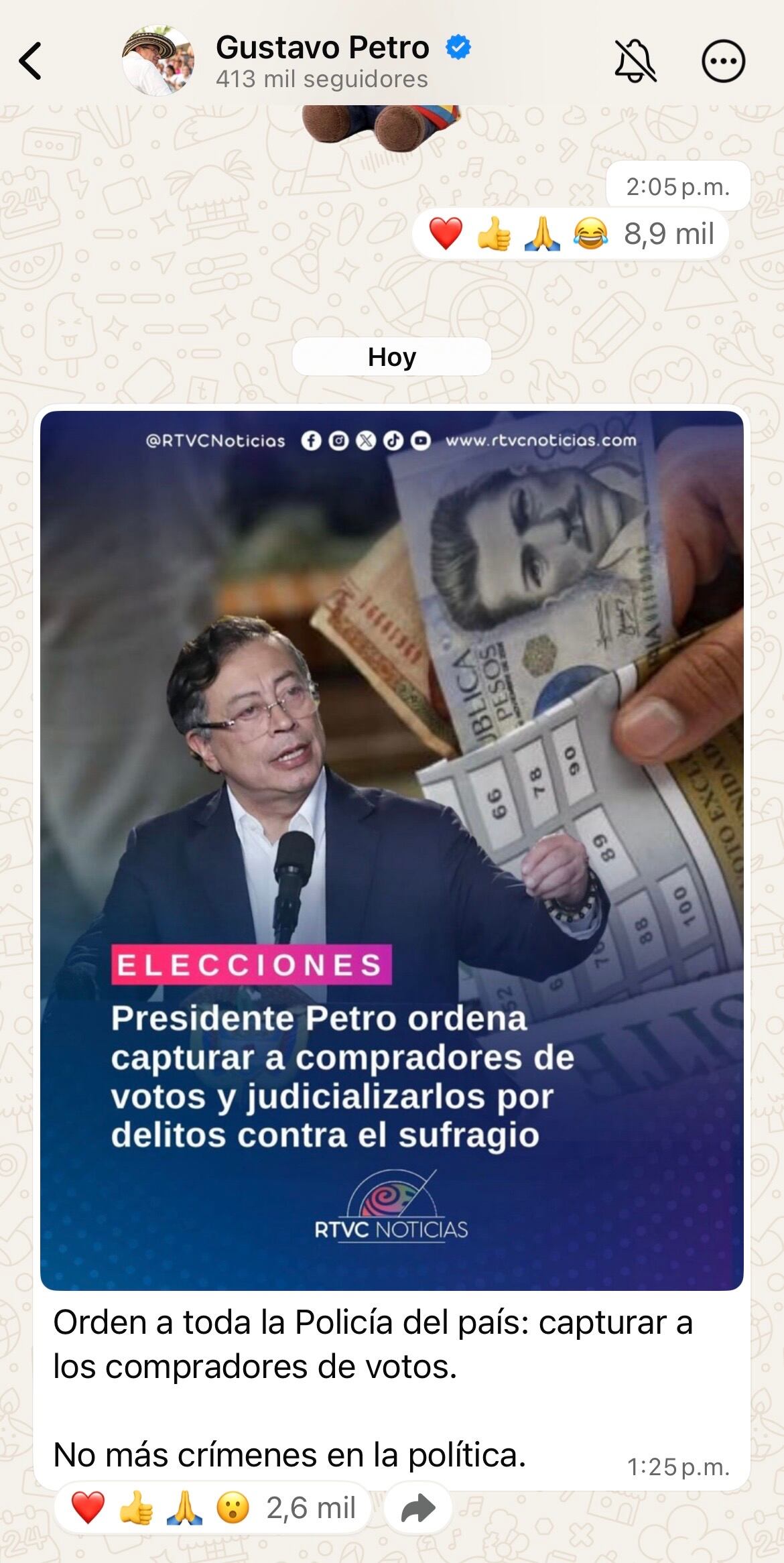 Pantallazo al mensaje que publicó Gustavo Petro en su canal de difusión de WhatsApp.