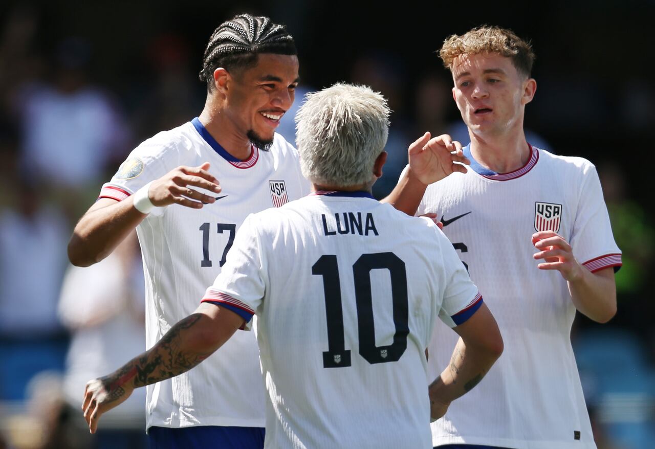 SAN JOSE, CALIFORNIA - JUNE 15: Malik Tillman #17 of the United States celebrate a goal with teammates Diego Luna #10 and Jack McGlynn #6 during the first half against Trinidad and Tobago during a 2025 CONCACAF Gold Cup Group D match at PayPal Park on June 15, 2025 in San Jose, California. (Photo by Erin Chang/ISI Photos/USSF/Getty Images)