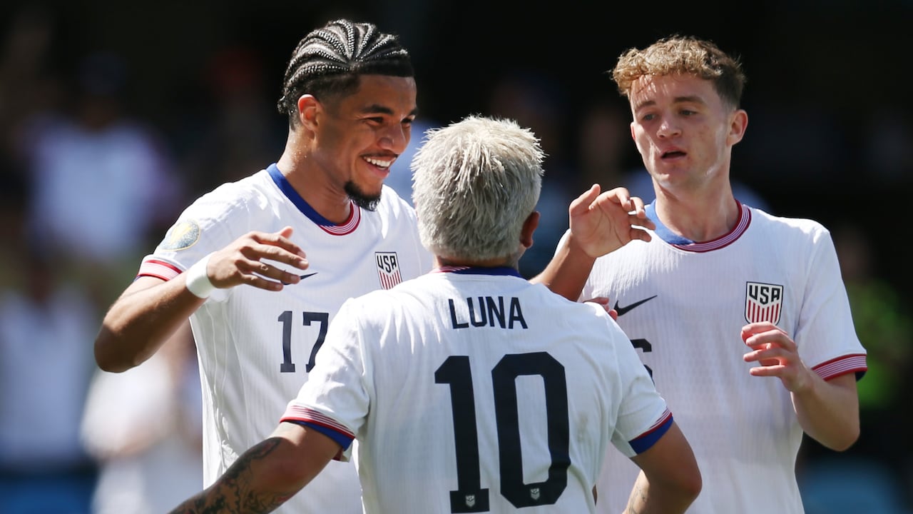 SAN JOSE, CALIFORNIA - JUNE 15: Malik Tillman #17 of the United States celebrate a goal with teammates Diego Luna #10 and Jack McGlynn #6 during the first half against Trinidad and Tobago during a 2025 CONCACAF Gold Cup Group D match at PayPal Park on June 15, 2025 in San Jose, California. (Photo by Erin Chang/ISI Photos/USSF/Getty Images)