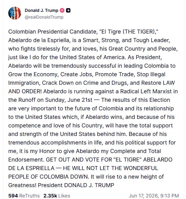 Donald Trump, reiteró su mensaje de apoyo al candidato Abelardo De La Espriella