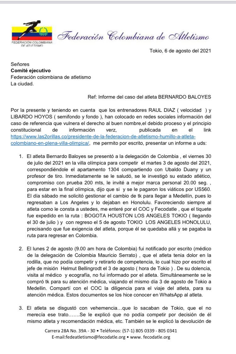 Informe de Atleta Bernardo Baloyes