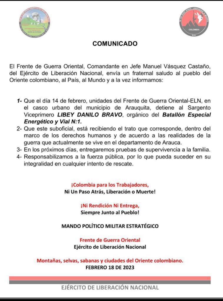 Comunicado del ELN confirmando el secuestro del sargento Libey Danilo Bravo