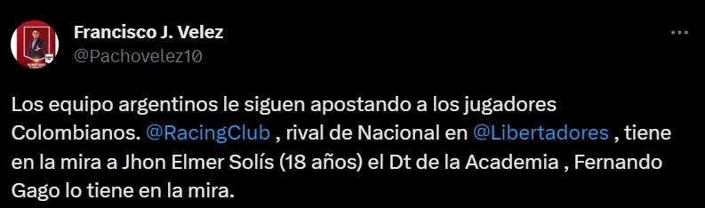 Información del periodista Fransisco Vélez sobre Jhon Solís.
