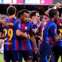 Hamza Abdelkarim centre-forwardof Barcelona of Egypt celebrates after scoring his sides first goal during the Joan Gamper Trophy between FC Barcelona and Al Ahly SC at Spotify Camp Nou on August 19, 2026 in Barcelona, Spain. (Photo by Jose Breton/Pics Action/NurPhoto via Getty Images)