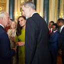 Britain's King Charles speaks to King Felipe VI and Queen Letizia of Spain during a reception at Buckingham Palace in London Friday May 5, 2023, for a reception hosted by Britain's King Charles III, for overseas guests attending his coronation. (Jacob King, Pool via AP)