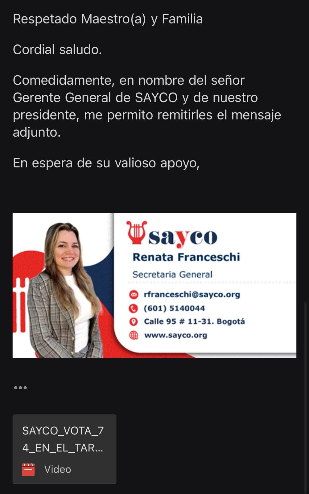 Este es el correo electrónico invitando a votar por el senador Pedro Flórez en la consulta del Pacto Histórico que llegó a los afiliados a Sayco.