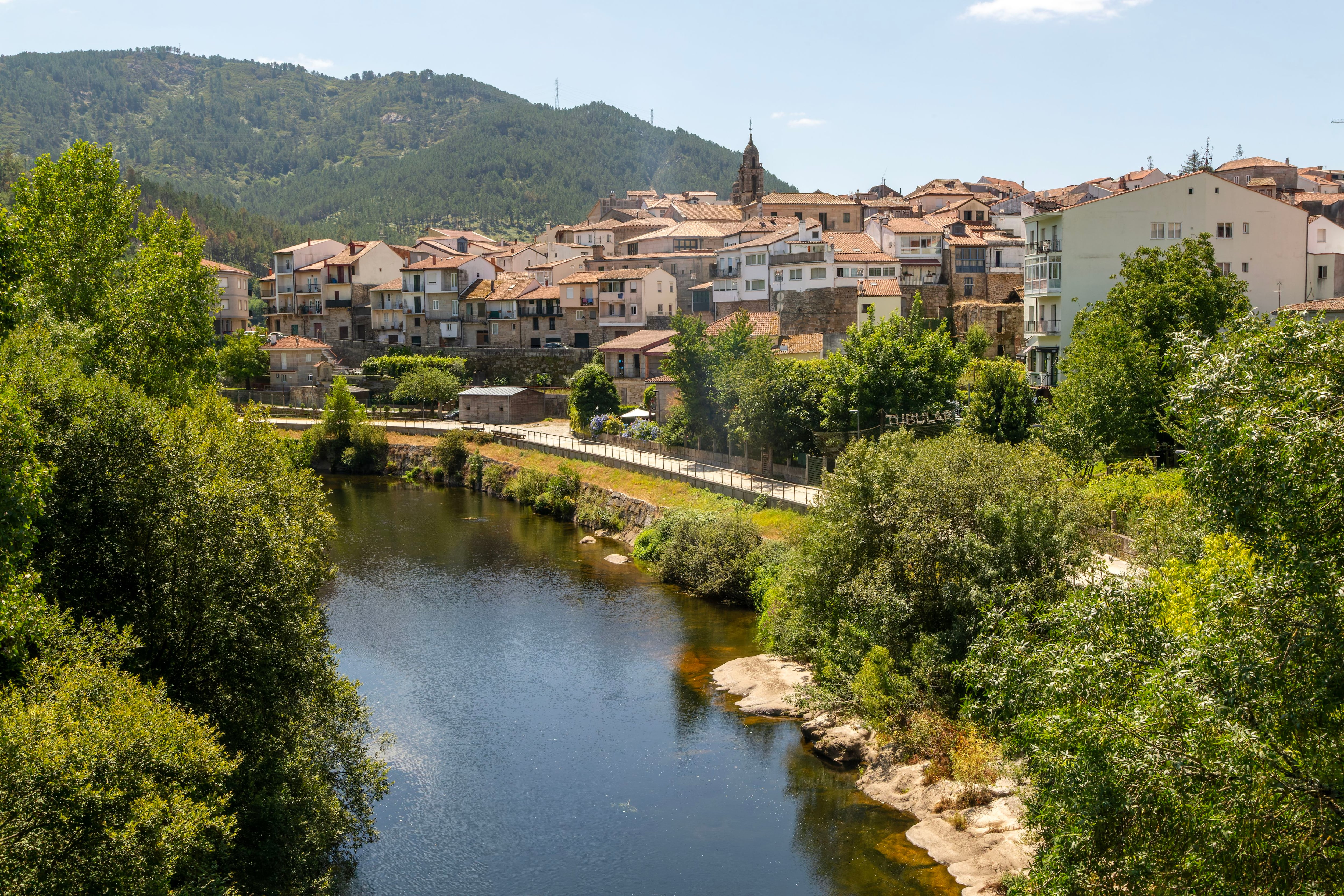 Río Río Avia y ciudad medieval, Ribadavia, provincia de Ourense, Galicia, España.