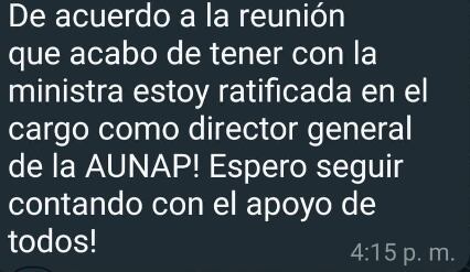 Mensaje de reintegro de Karen Mejía, directora Aunap.