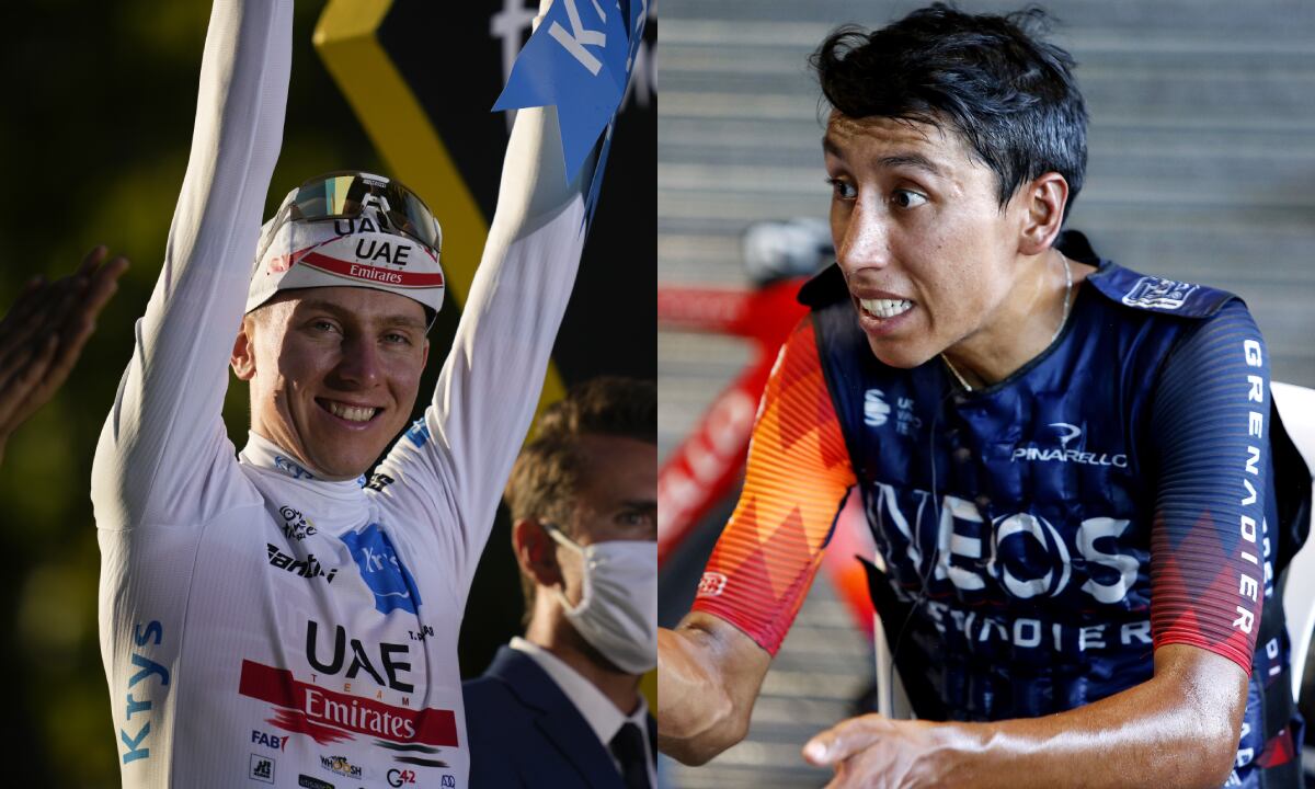Tadej Pogacar y Egan Bernal.  Foto: AP/Daniel Cole//Getty Images/Maximiliano Blanco/Velo
