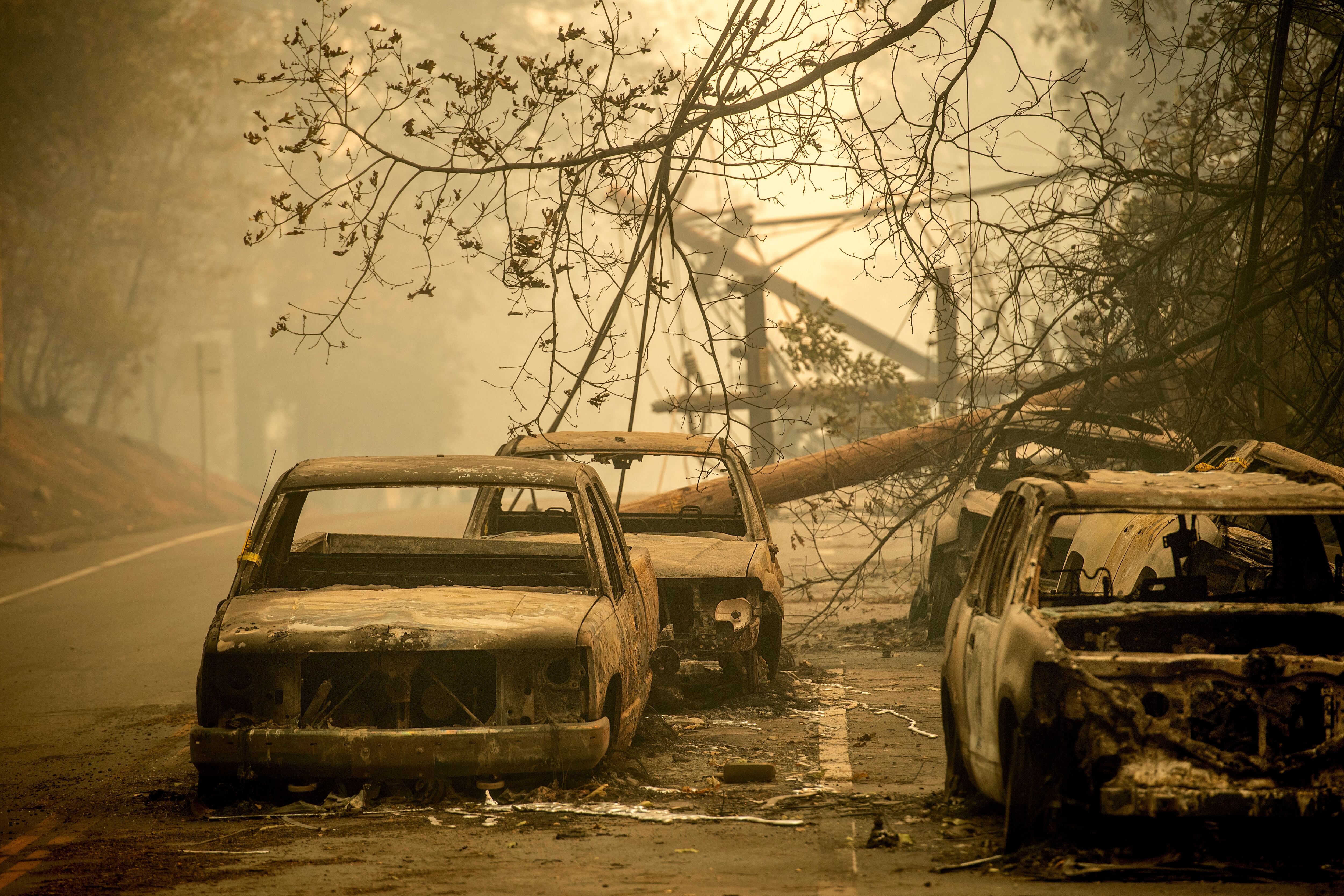 Autos abandonados, quemados por el incendio forestal, bordean Pearson Rd. en Paradise, California, el sábado 10 de noviembre de 2018. Actualmente, los incendios forestales de Maui son los quintos más mortíferos registrados en la nación, según una investigación de la Asociación Nacional de Protección contra Incendios, una organización sin fines de lucro que publica códigos y estándares contra incendios utilizados en el UU. y en todo el mundo.