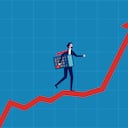 Investment plan. Businessman holding a calculator walks up on a growing graph. Vector