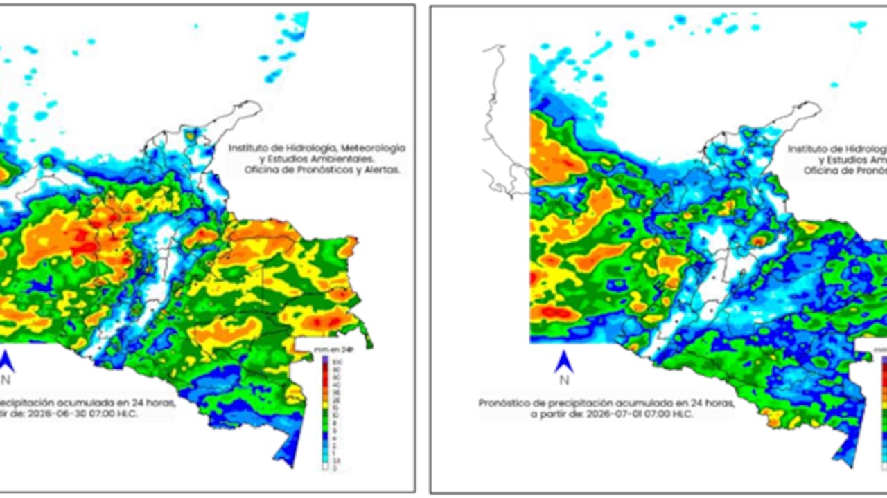 Mapa climatológico del martes 30 de junio y miércoles 1 de julio en Colombia.
