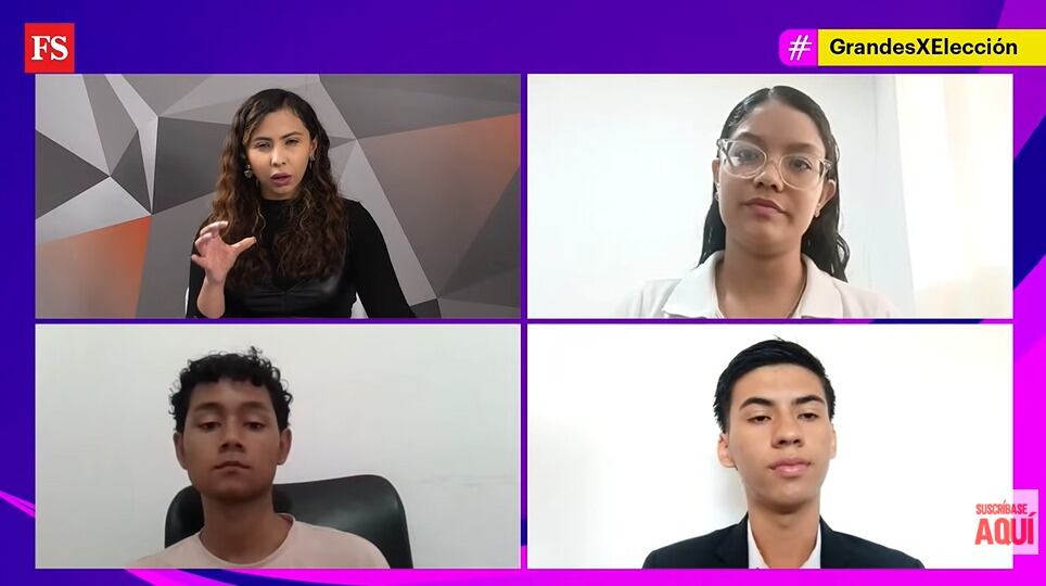 De izquierda a derecha: Catherina Urrego, periodista de SEMANA; María Camila Giraldo Ortiz, candidata a Consejera de Juventud por Tuluá; Maikol Loaiza, candidato a Consejero de Juventud por Ibagué y Juan Sebastián Pedraza, candidato a Consejero de Juventud por Neiva.