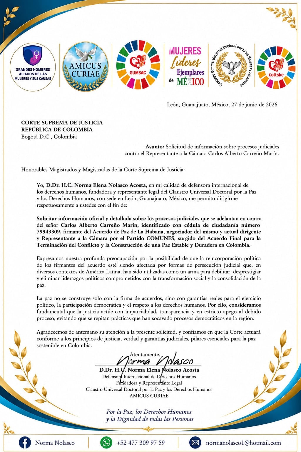 Esta es la carta que llegó a la Corte Suprema de Justicia.