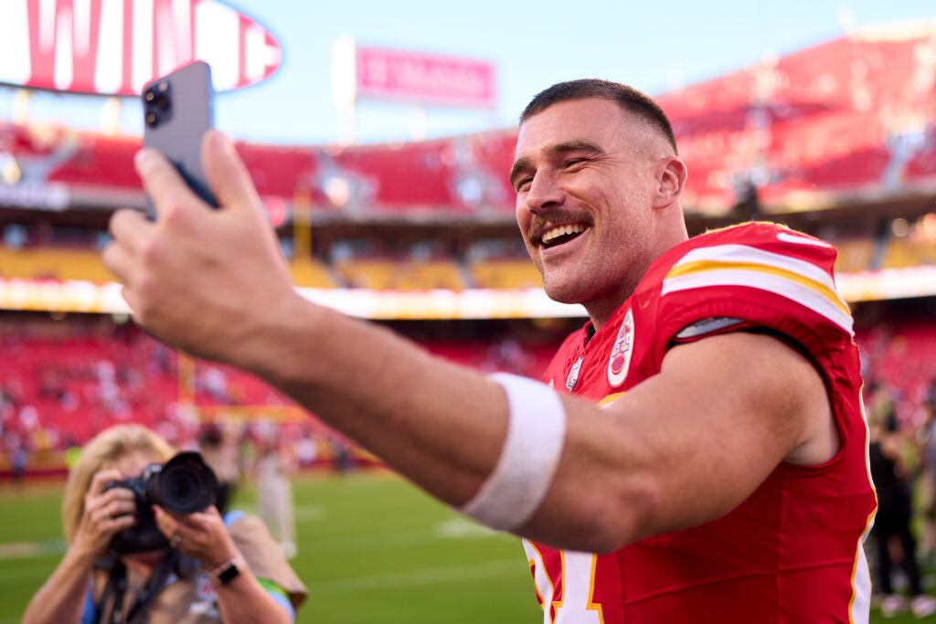 KANSAS CITY, MO - SEPTEMBER 24: Travis Kelce #87 of the Kansas City Chiefs celebrates after defeating the Chicago Bears at GEHA Field at Arrowhead Stadium on September 24, 2023 in Kansas City, Missouri. (Photo by Cooper Neill/Getty Images)
