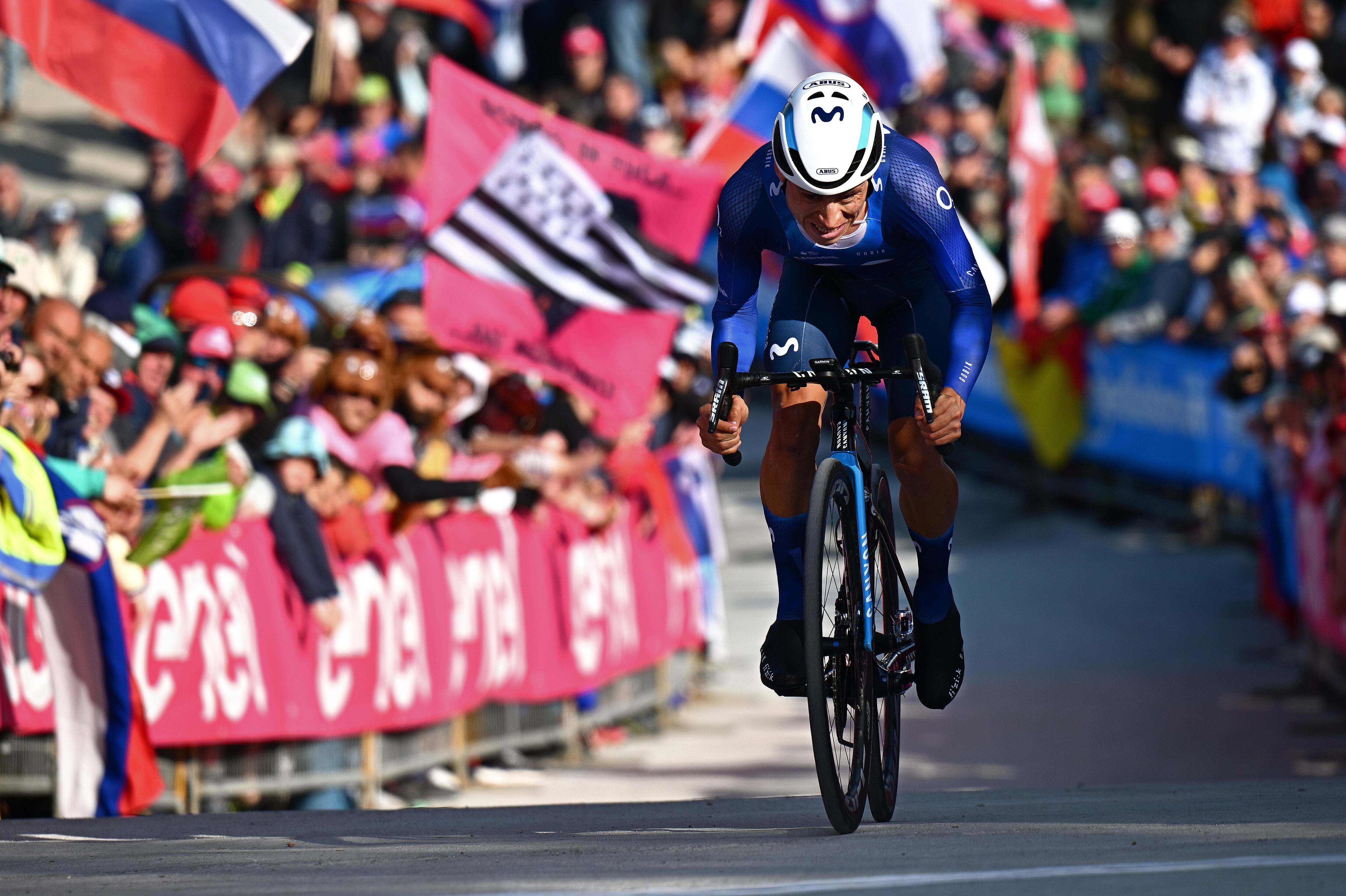 MONTE LUSSARI, ITALY - MAY 27: Einer Augusto Rubio of Colombia and Movistar Team crosses the finish line during the 106th Giro d'Italia 2023, Stage 20 a 18.6km individual climbing time trial stage from Tarvisio 750m to Monte Lussari 1744m / #UCIWT / on May 27, 2023 in Monte Lussari, Italy. (Photo by Stuart Franklin/Getty Images,)