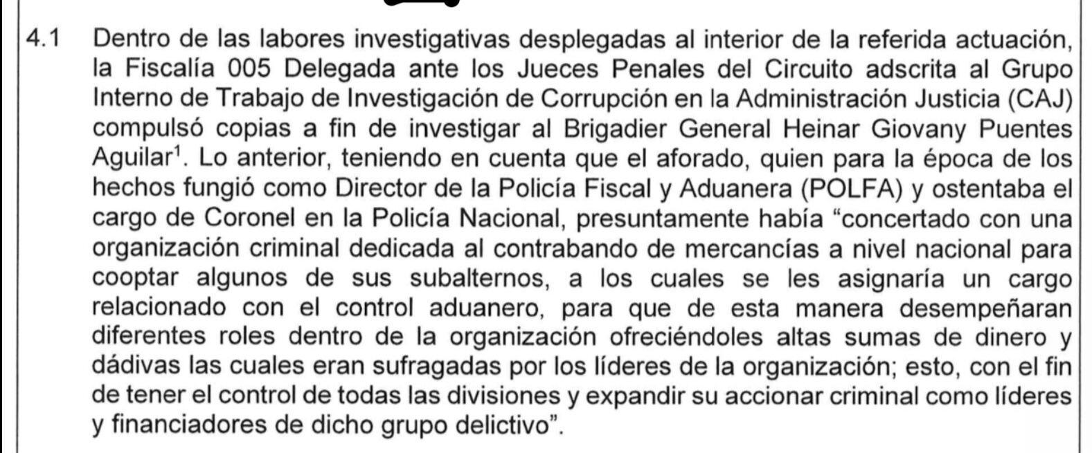 Este es el documento de la Fiscalía que tiene en aprietos al general Puentes Aguilar, y su presunta relación con la red de contrabando.