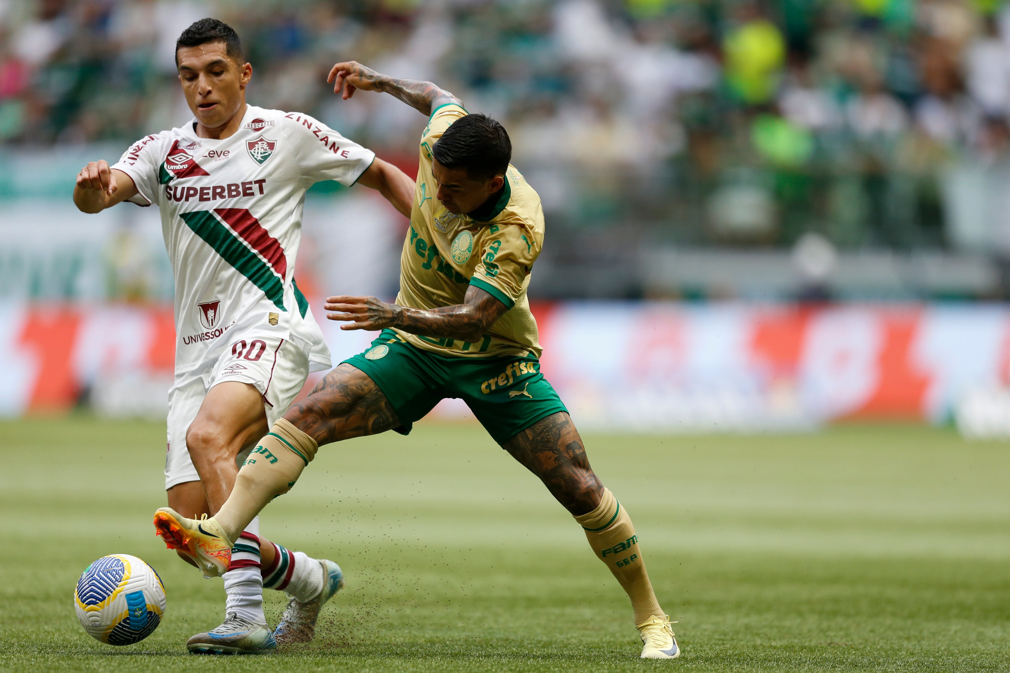 Kevin Serna (L) del Fluminense lucha por el balón contra Dudu del Palmeiras durante un partido entre Palmeiras y Fluminense como parte del Brasileirao 2024 en el Allianz Parque el 08 de diciembre de 2024 en Sao Paulo, Brasil.