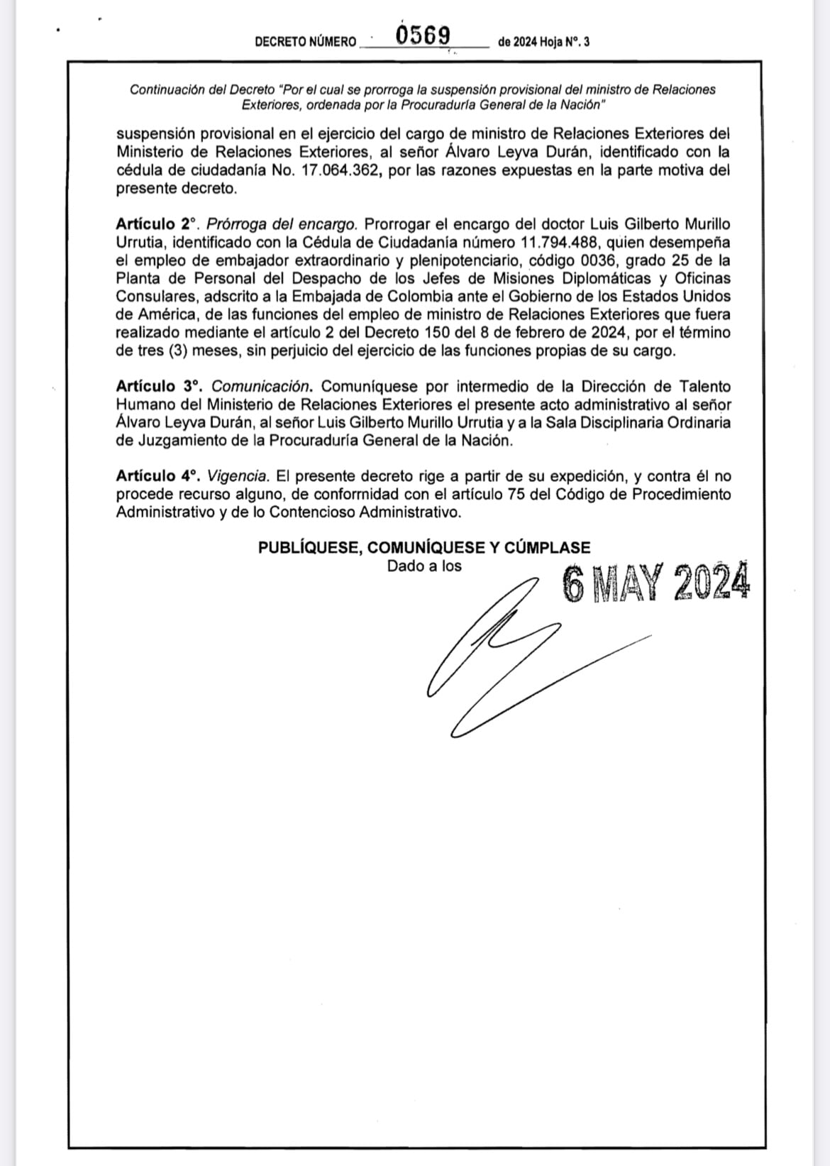 Decreto prórroga designación Luis Gilberto Murillo