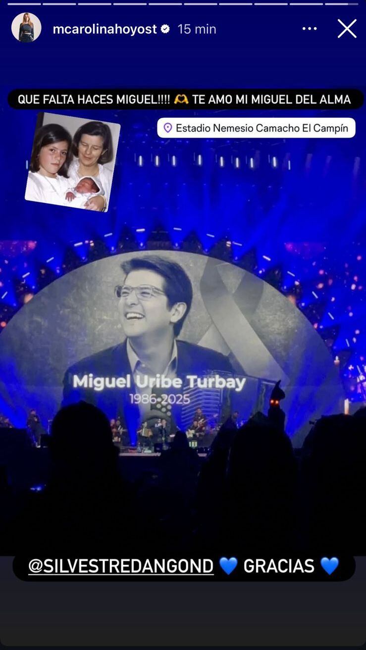 María Carolina Hoyos mostró el homenaje que Silvestre Dangond le hizo a su hermano, Miguel Uribe Turbay, durante su concierto en Bogotá.