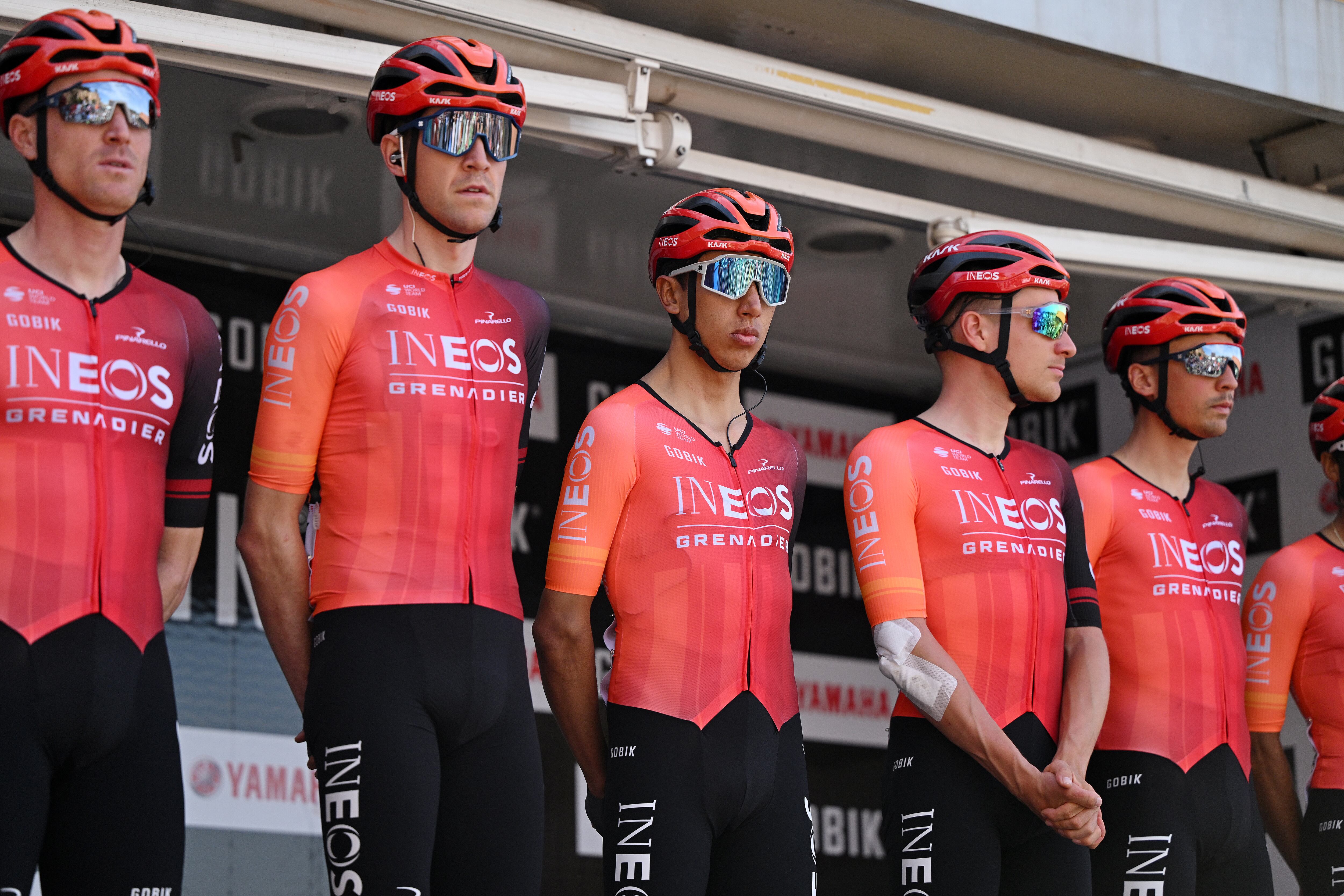 SANT FELIU DE GUIXOLS, SPAIN - MARCH 18: (L-R) Salvatore Puccio of Italy, Laurens De Plus of Belgium, Egan Bernal of Colombia, Ethan Hayter of Great Britain and Oscar Rodriguez of Spain and Team INEOS Grenadiers prior to the 103rd Volta Ciclista a Catalunya 2024, Stage 1 a 173.9km stage from Sant Feliu de Guixols to Sant Feliu de Guixols / #UCIWT / on March 18, 2024 in Sant Feliu de Guixols, Spain. (Photo by David Ramos/Getty Images)