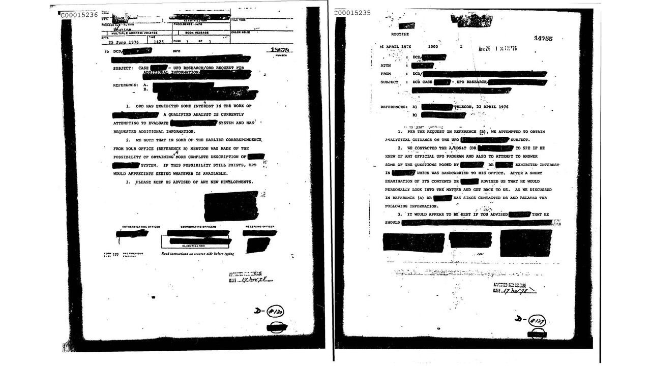 Estos son dos de los archivos más antiguos compartidos por la CIA sobre investigaciones relacionadas a ovnis. Datan de 1976.
