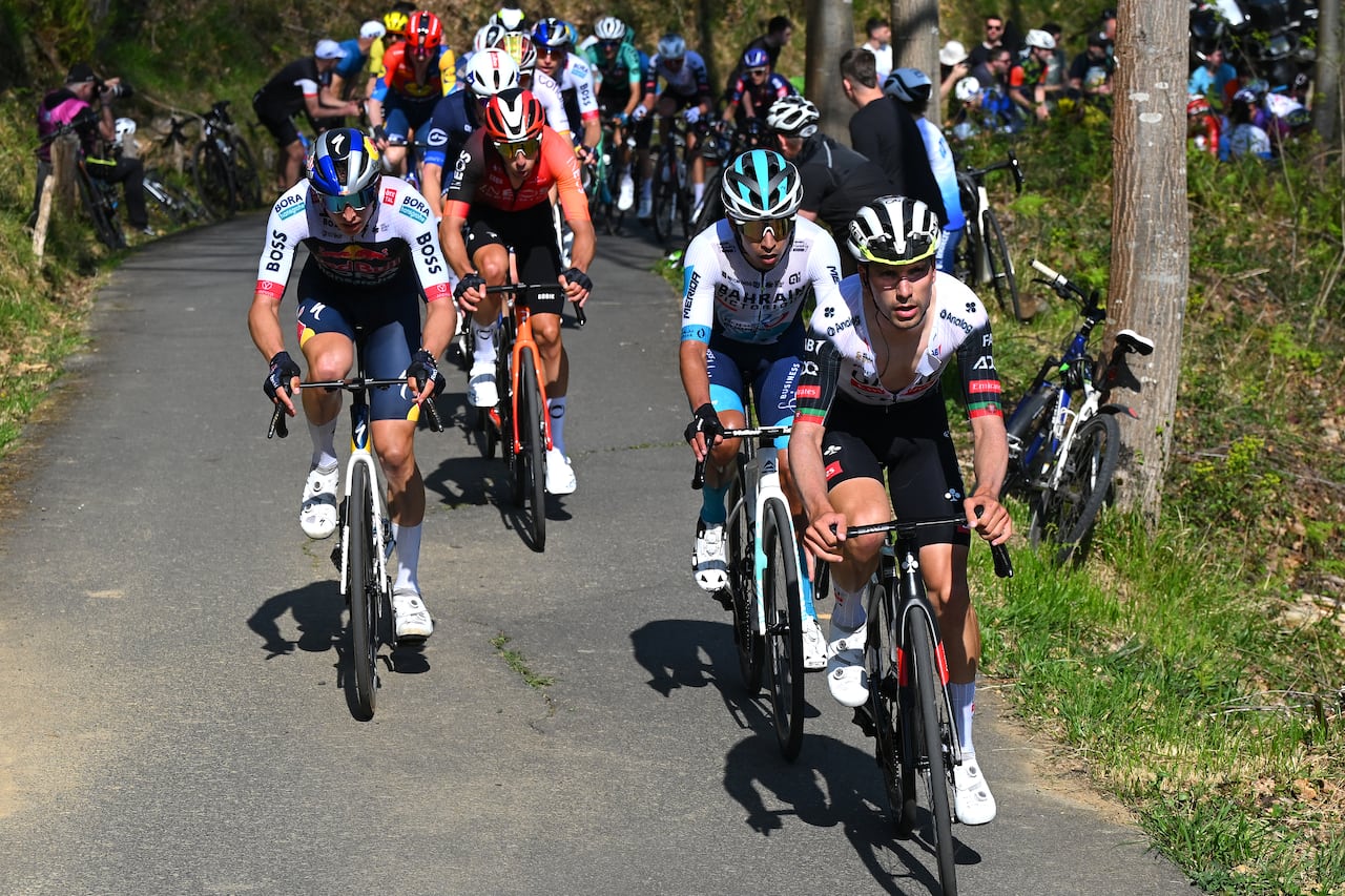 BELSAIN, SPAIN - APRIL 09: (L-R) Florian Lipowitz of Germany and Team Red Bull - BORA - hansgrohe, Santiago Buitrago of Colombia and Team Bahrain Victorious and Joao Almeida of Portugal and UAE Team Emirates - XRG compete in the chase group during the 64th Itzulia Basque Country 2025, Stage 3 a 156.6km stage from Zarautz to Beasain / #UCIWT / on April 09, 2025 in Beasain, Spain. (Photo by Tim de Waele/Getty Images)