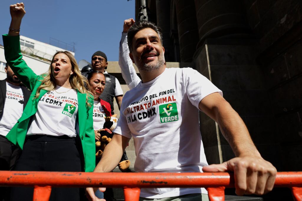 Jesus Sesma Suarez, a Green Party representative in the Mexico City Congress, celebrates after the approval of the ruling banning violent bullfights, following the initiative submitted by Mayor Clara Brugada, in Mexico City, Mexico, on March 18, 2025. (Photo by Gerardo Vieyra/NurPhoto via Getty Images)