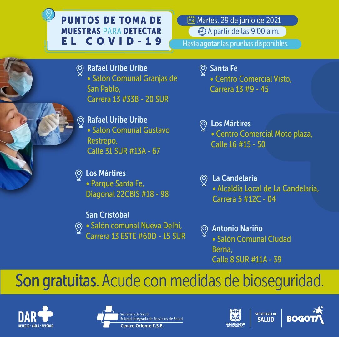 Dónde hacen pruebas gratis de COVID-19 en Bogotá este martes 29 de junio