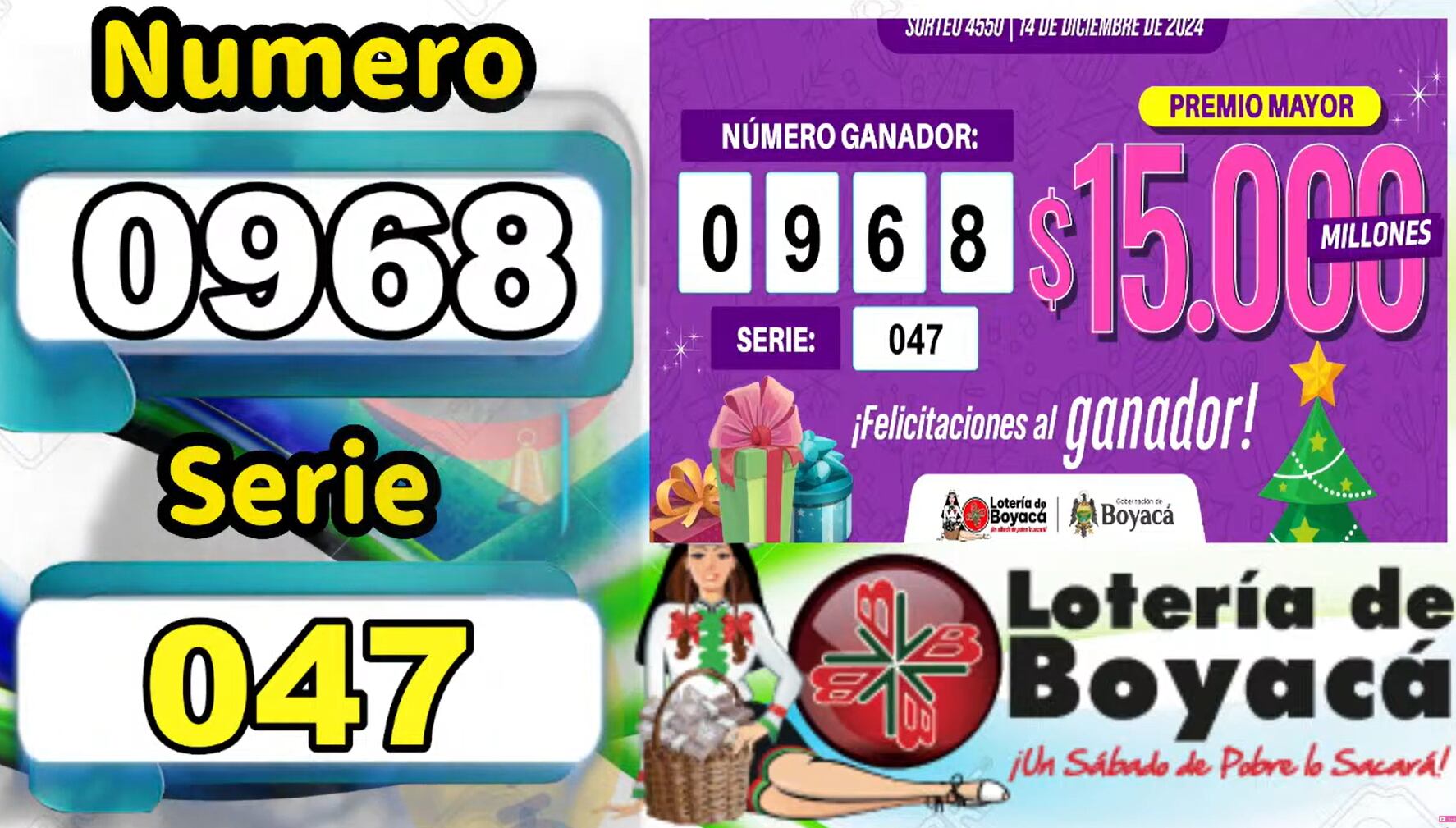 El número 0968 de la serie 047 ganó el premio mayor de 15.000 millones de pesos en el sorteo 4550 de la Lotería de Boyacá, realizado el 14 de diciembre.