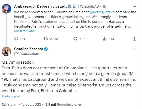 Esta fue la respuesta de Catalina Escobar a la embajadora Deborah Lipstadt cuestionando al presidente Gustavo Petro.