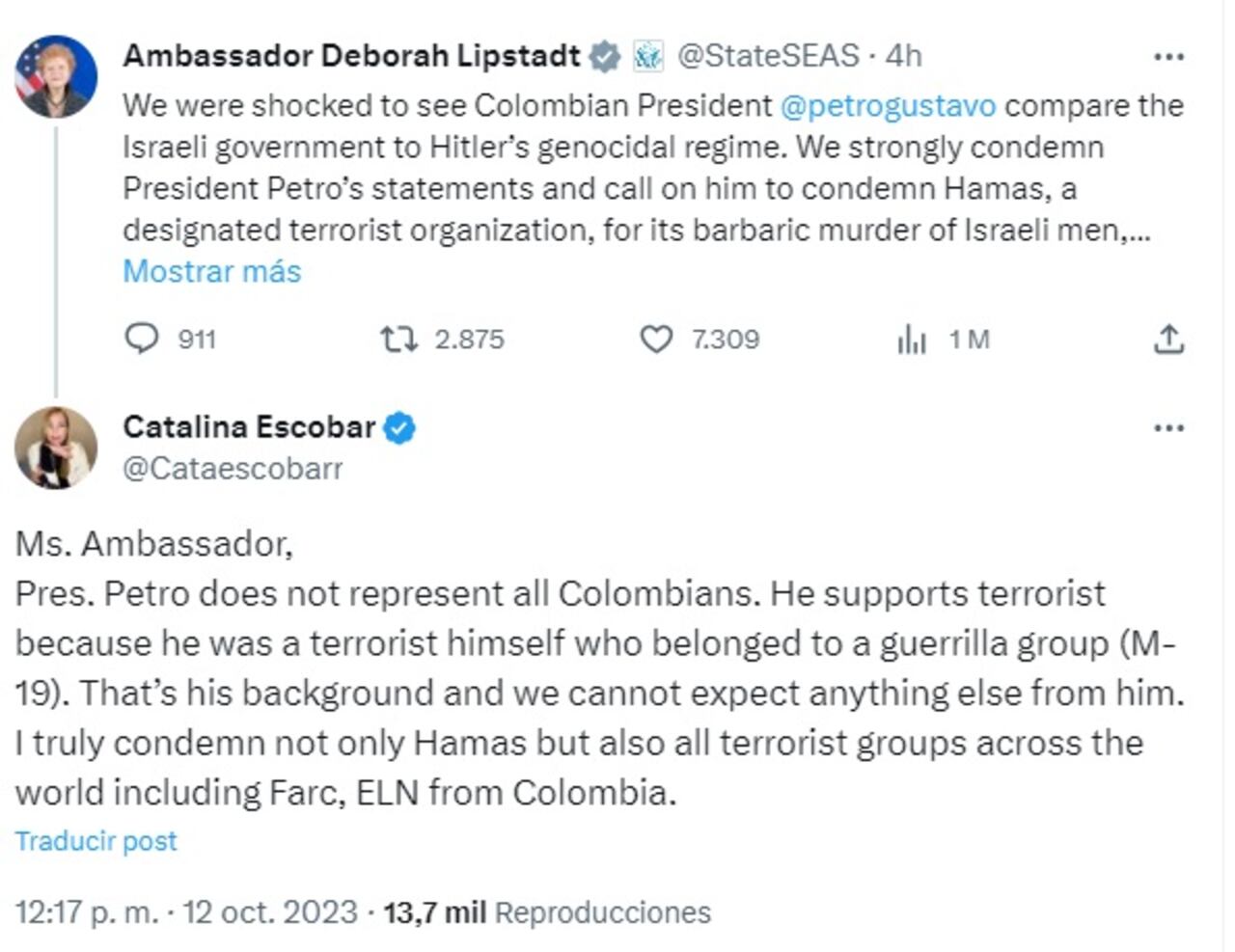 Esta fue la respuesta de Catalina Escobar a la embajadora Deborah Lipstadt cuestionando al presidente Gustavo Petro.