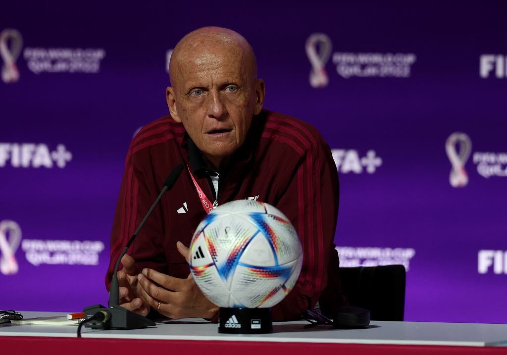 DOHA, QATAR - NOVEMBER 18: Chairman of the FIFA Referees Committee, Pierluigi Collina talks to the media during the Referees Media Day ahead of the official start of FIFA World Cup Qatar 2022 at Qatar Sports Club on November 18, 2022 in Doha, Qatar. (Photo by Christopher Lee/Getty Images)