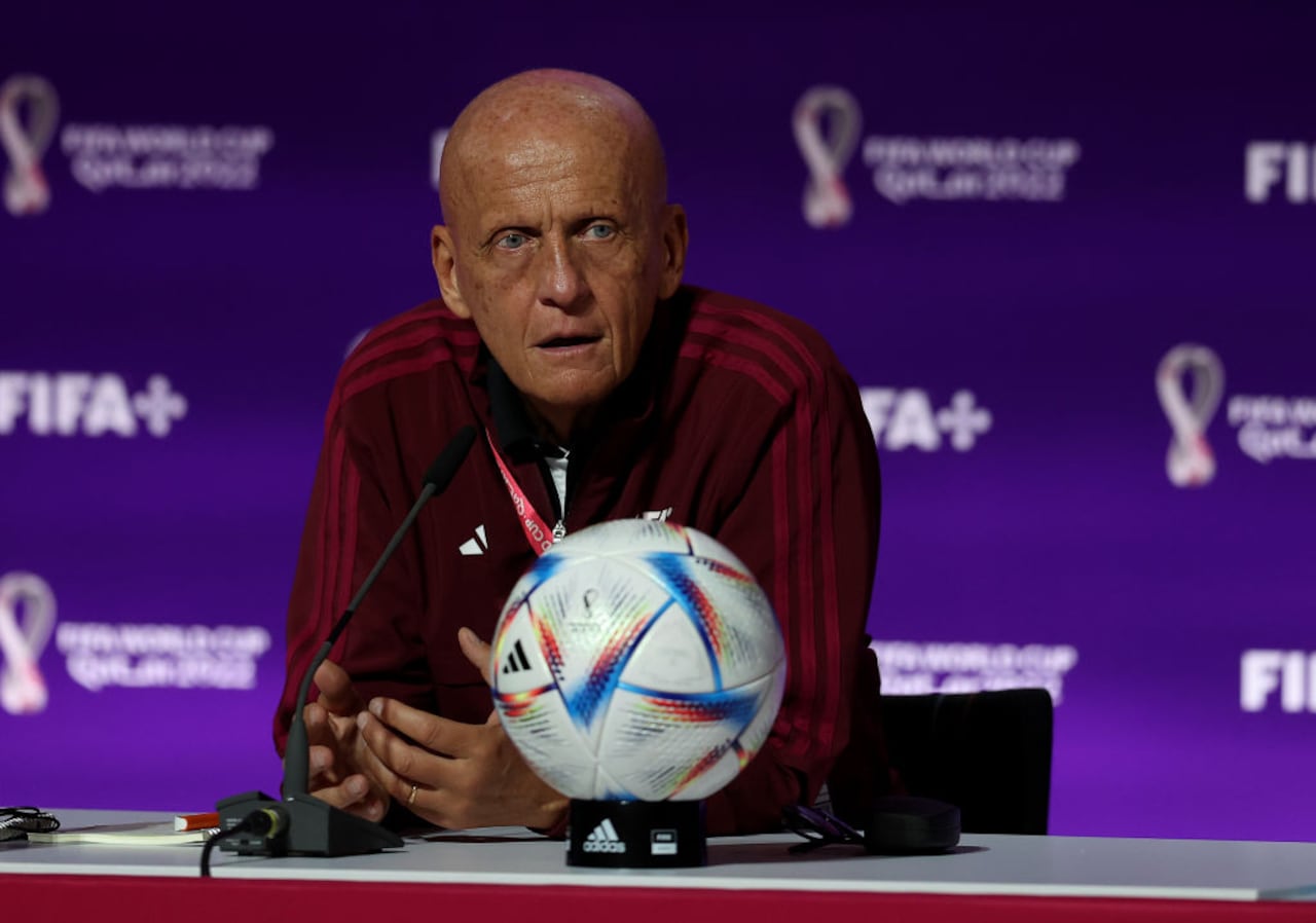 DOHA, QATAR - NOVEMBER 18: Chairman of the FIFA Referees Committee, Pierluigi Collina talks to the media during the Referees Media Day ahead of the official start of FIFA World Cup Qatar 2022 at Qatar Sports Club on November 18, 2022 in Doha, Qatar. (Photo by Christopher Lee/Getty Images)