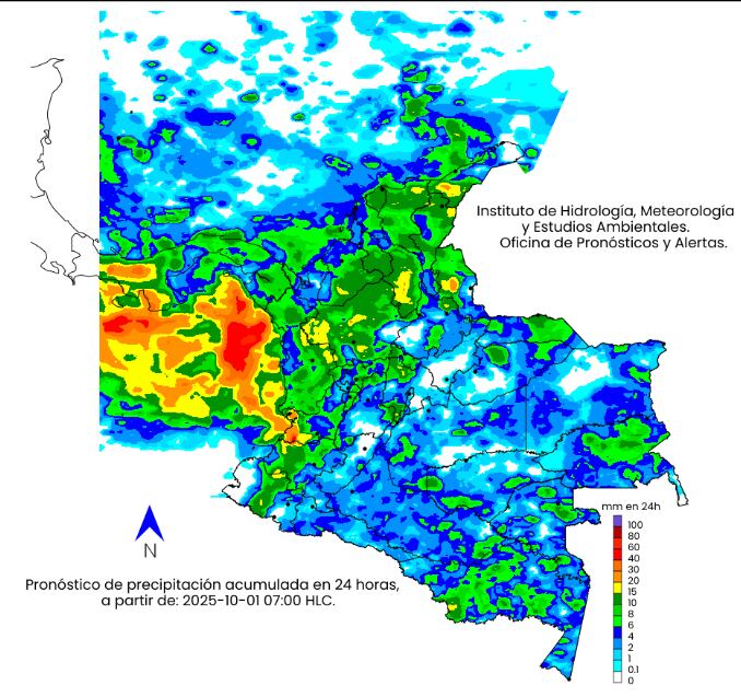 La escala de colores indica la cantidad de precipitación acumulada (en milímetros) el primero de octubre de 2025