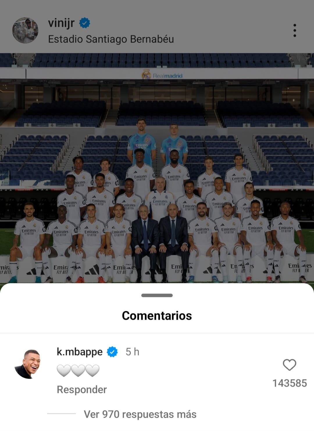 Kylian Mbappé comentó en la más reciente publicación de Vinícius