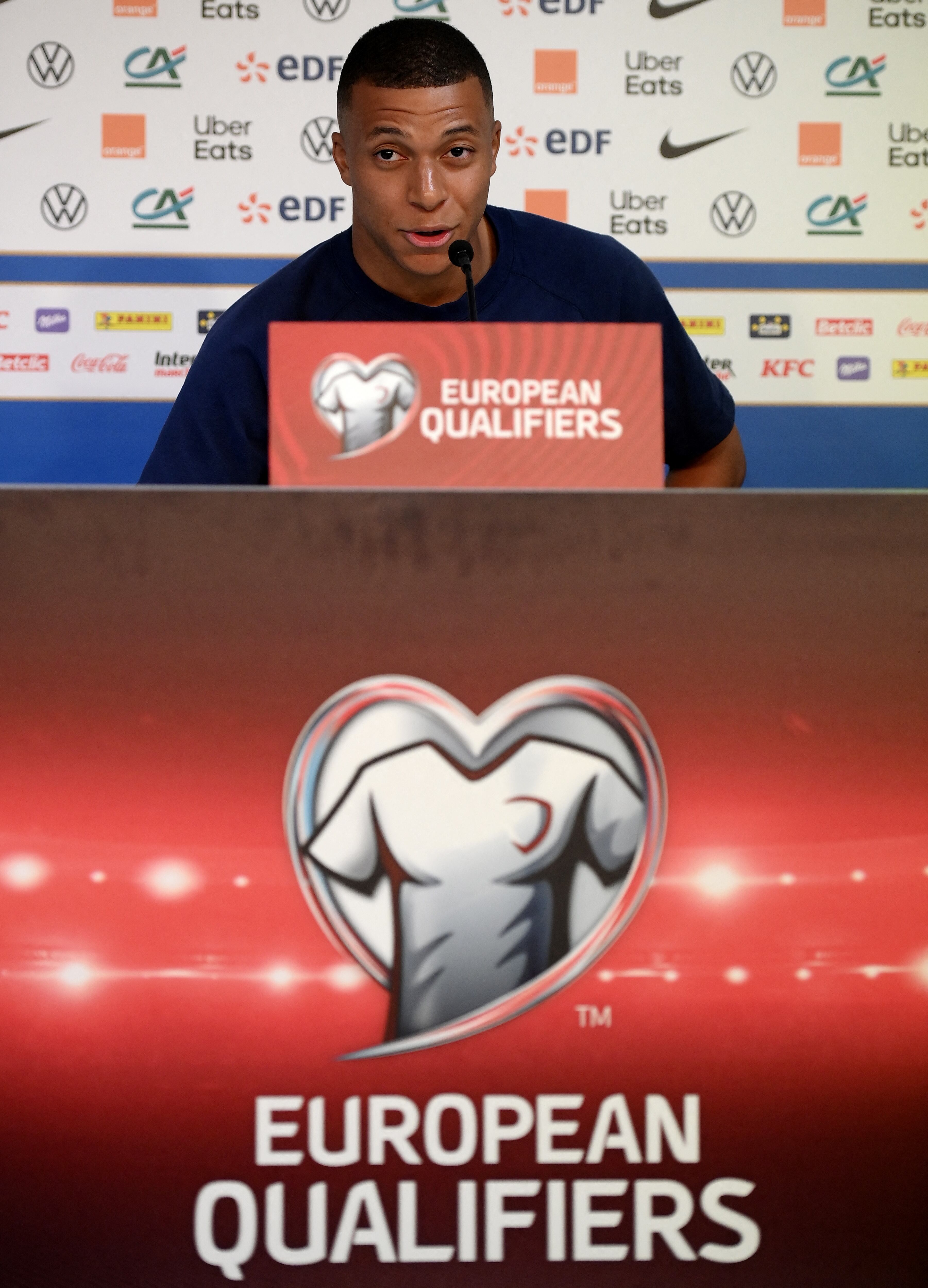 France's forward Kylian Mbappe gives a press conference at the Algarve stadium, in Faro on June 15, 2023, on the eve of their UEFA Euro 2024 group B qualification football match against Gibraltar. (Photo by FRANCK FIFE / AFP)