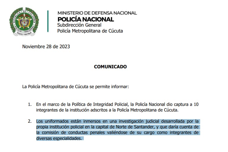 La Policía reportó la captura de 10 uniformados en Cúcuta.