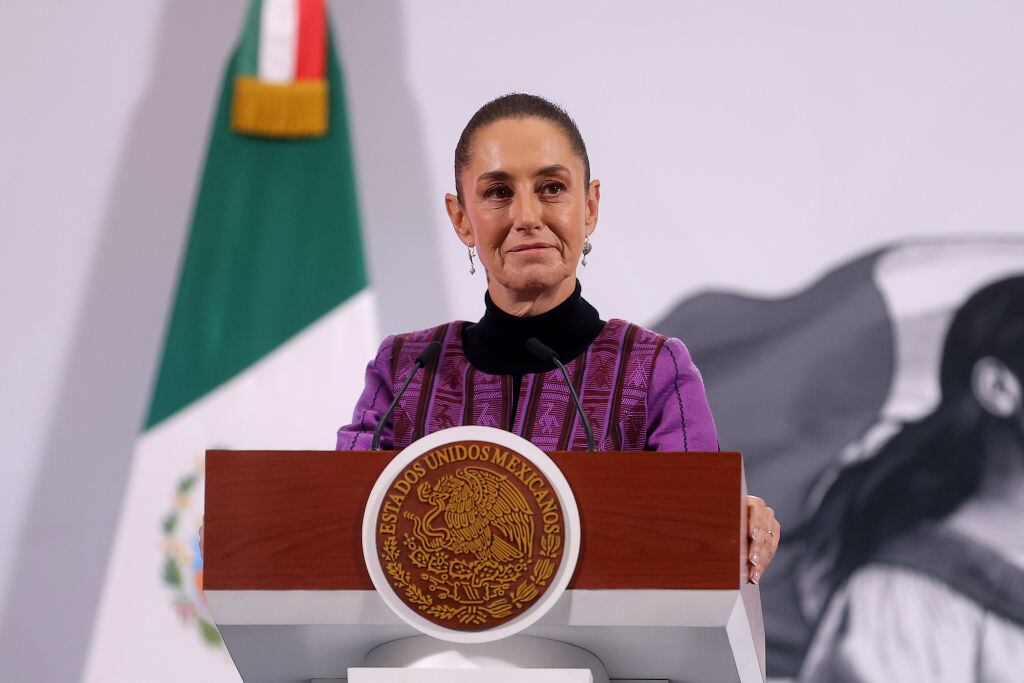 MEXICO CITY, MEXICO - FEBRUARY 20: President of Mexico Claudia Sheinbaum looks on during the daily morning briefing at the National Palace on February 20, 2025 in Mexico City, Mexico. (Photo by Alessa Mejia/ObturadorMX/Getty Images)