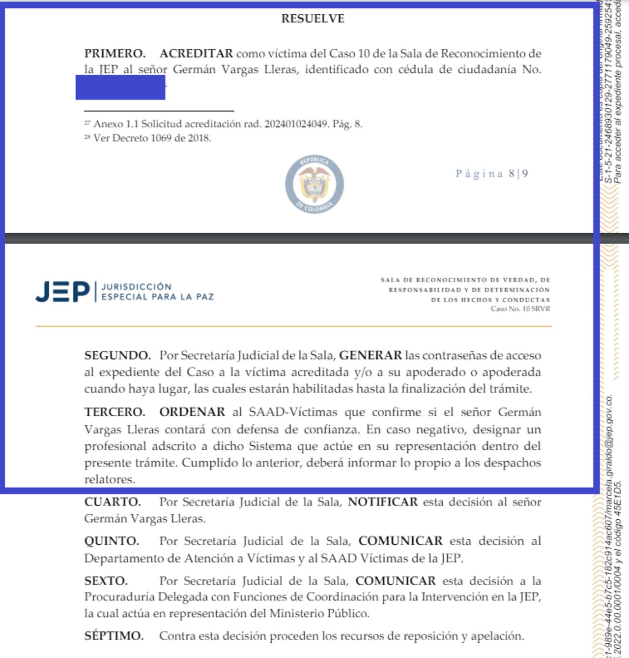 JEP acredita como víctima al exvicepresidente Germán Vargas Lleras.