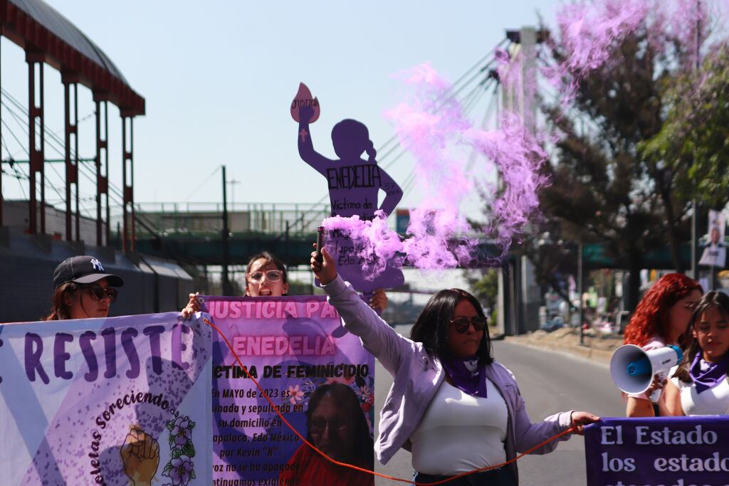 March 8, 2024 in Mexico City, Mexico:  Women protest during the closing of Zaragoza Avenue while taking part in a rally for International Women's Day. (Photo by Carlos Santiago/ Eyepix Group) (Photo credit should read Carlos Santiago/ Eyepix Group/Future Publishing via Getty Images)